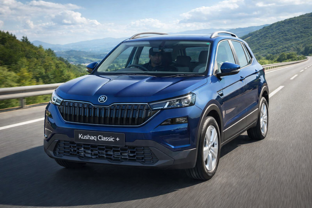 Skoda Kushaq Classic automatic SUV highway driving blue color